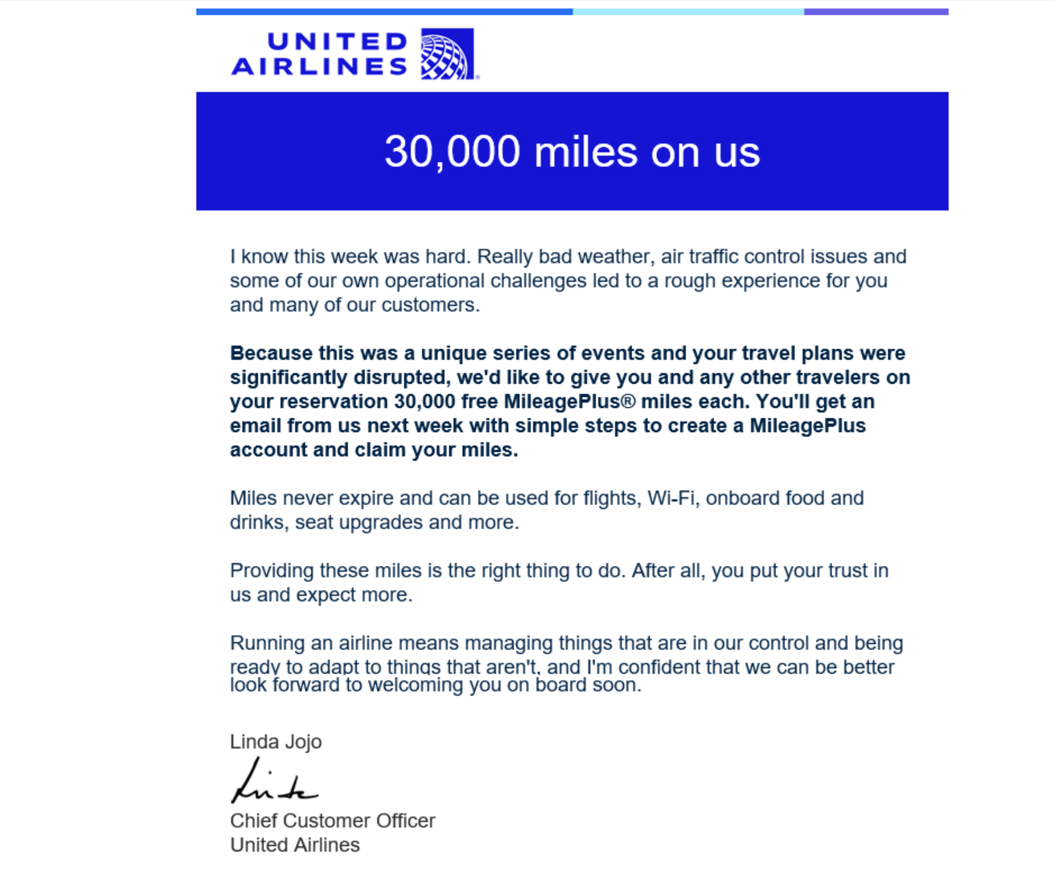 You are currently viewing United offers travelers 30,000 miles following week-long disruptions